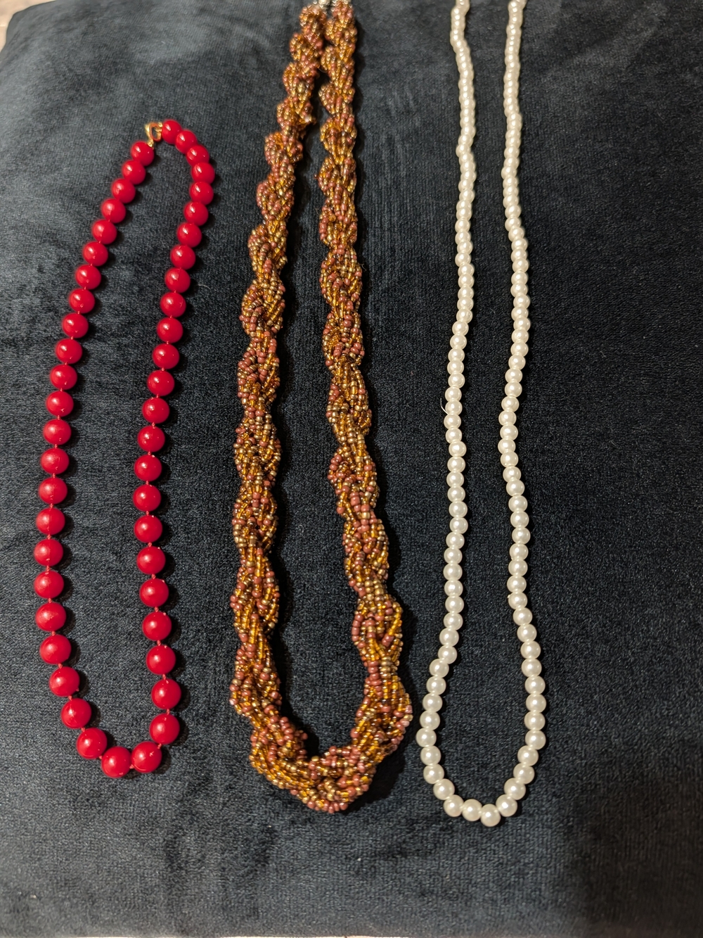 Red Beaded, Multicolor Braided, and White Pearl Necklaces - Women Jewelry Set